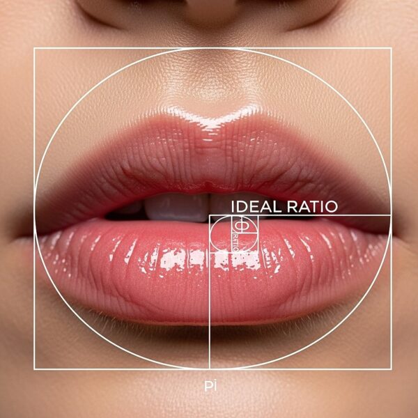 Close-up of glossy pink lips overlaid with geometric lines and text indicating the "ideal ratio" and the mathematical symbol for pi.