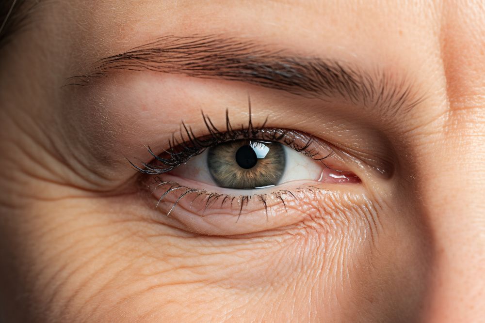 Close up of middle aged woman's eye with wrinkles and hooded eyelid