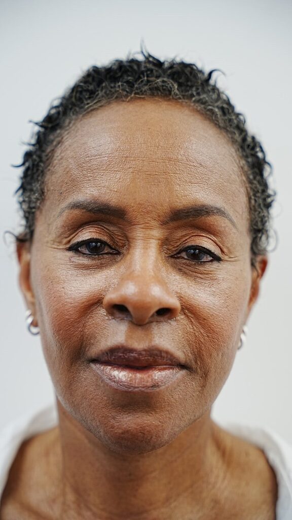 A close-up of an older woman with short, curly hair, wearing small hoop earrings and a white top, facing the camera with a neutral expression.